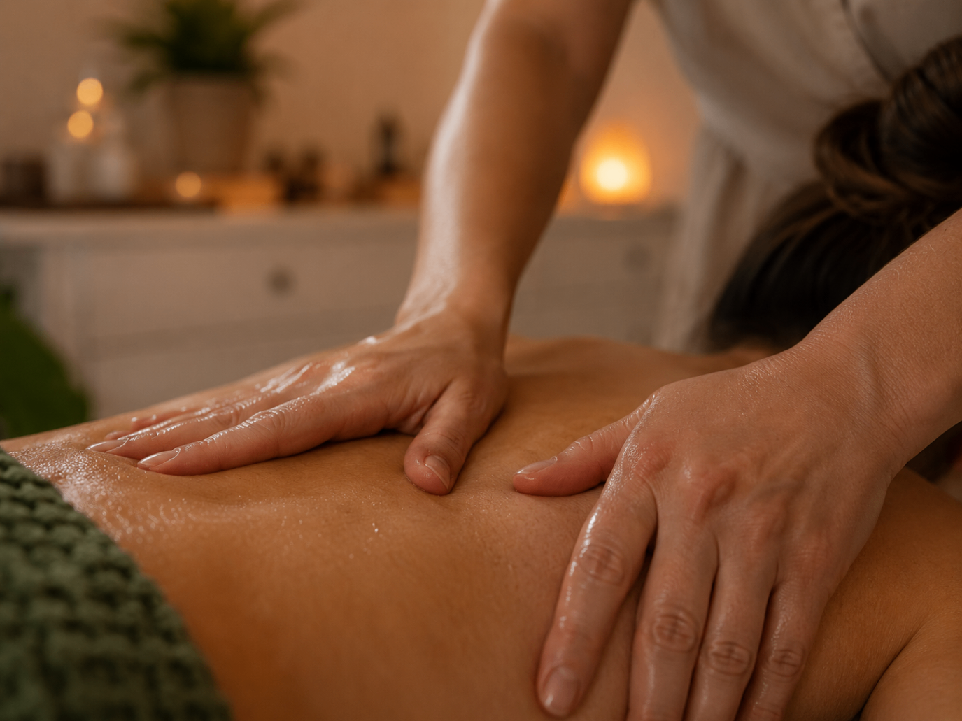 Detail relaxační masáže – ruce při masáži zad